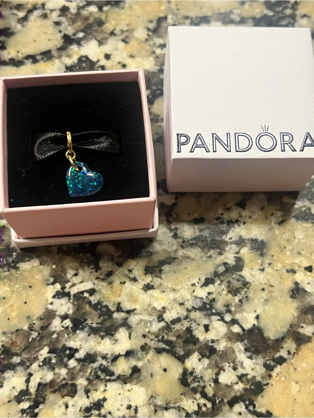 Pandora Gold-Tone Heart Charm with Iridescent Blue and Green Sparkle